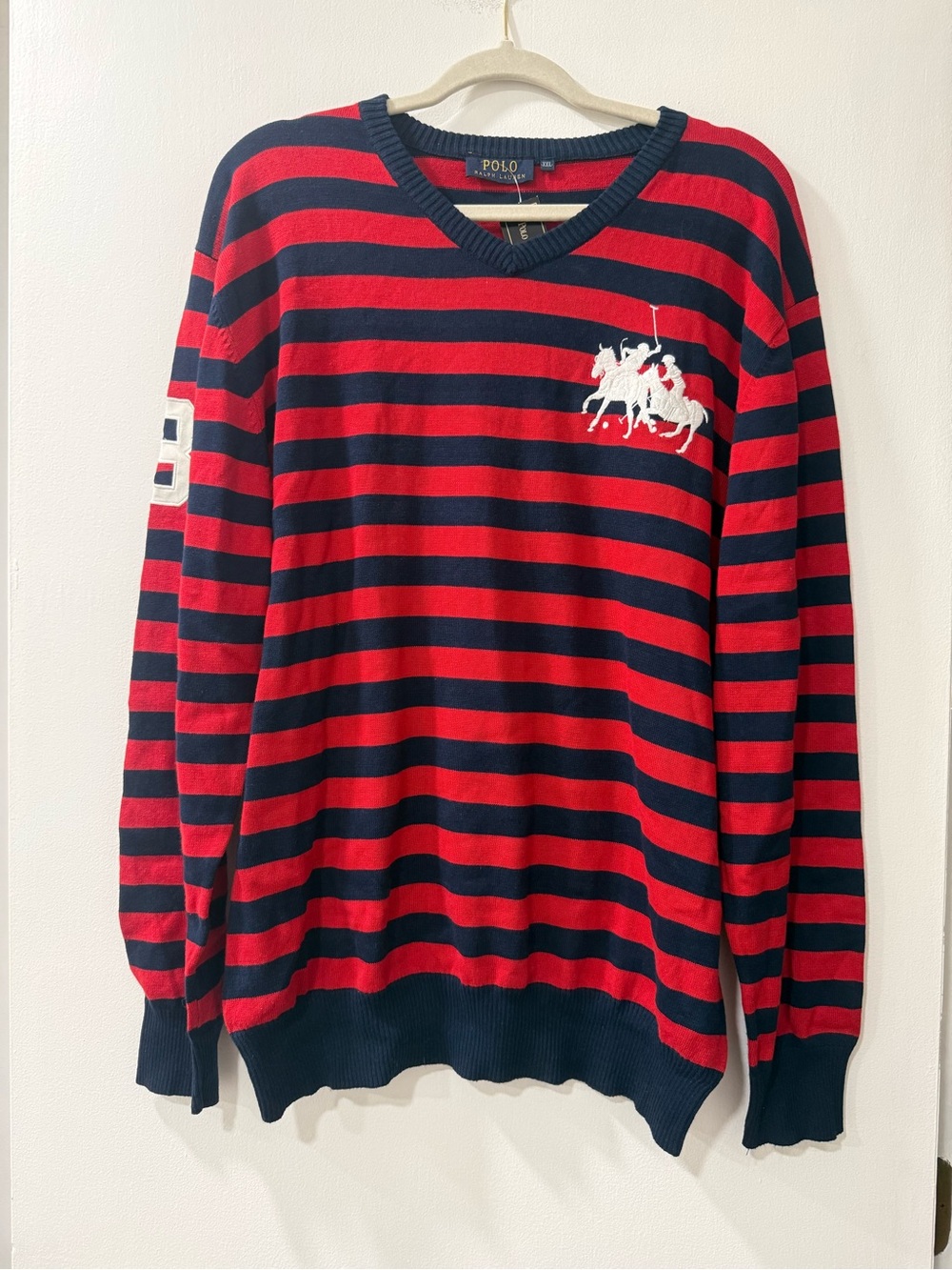 Vintage Polo Ralph Lauren Red & Navy Striped V-Neck Sweater